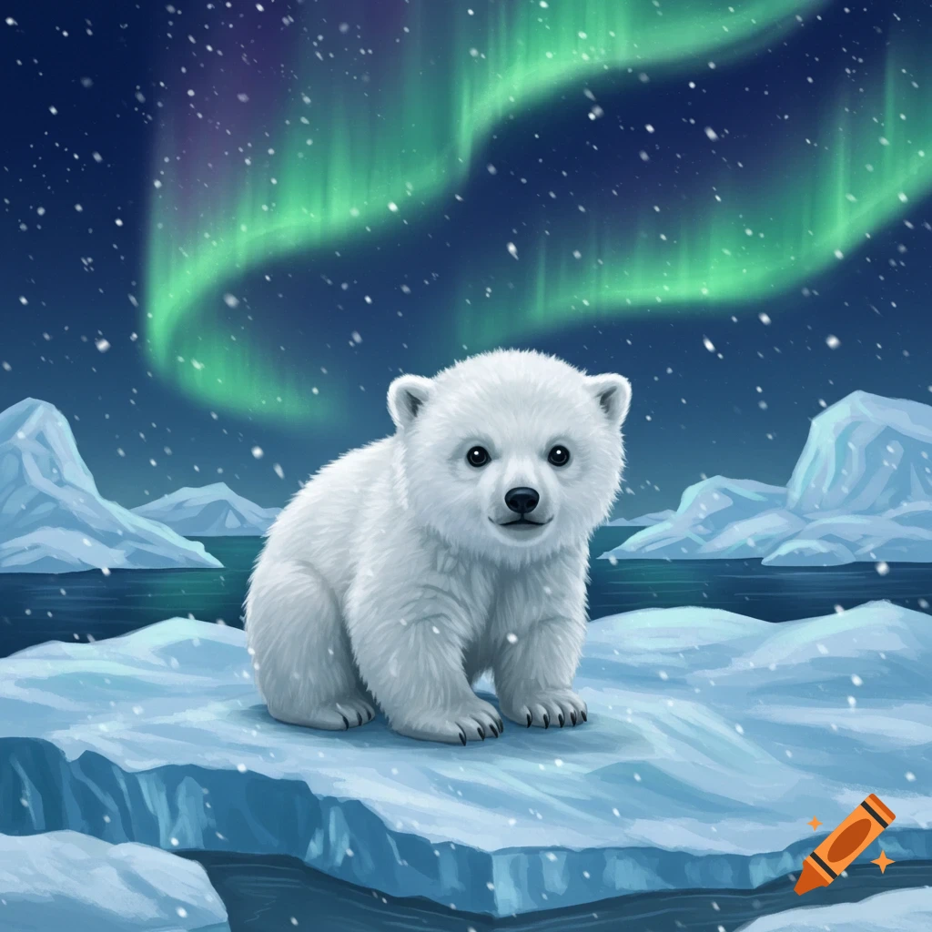 A cute polar bear cub sits on an ice floe under a green aurora borealis and falling snow in an illustration.