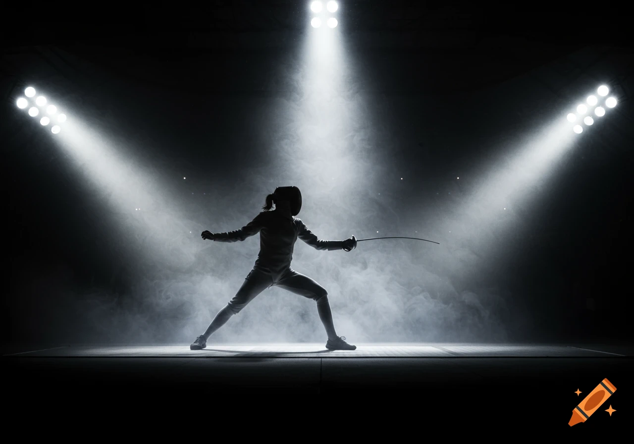 Silhouette of a female fencer mid-action, illuminated by dramatic spotlights in a smoky arena.