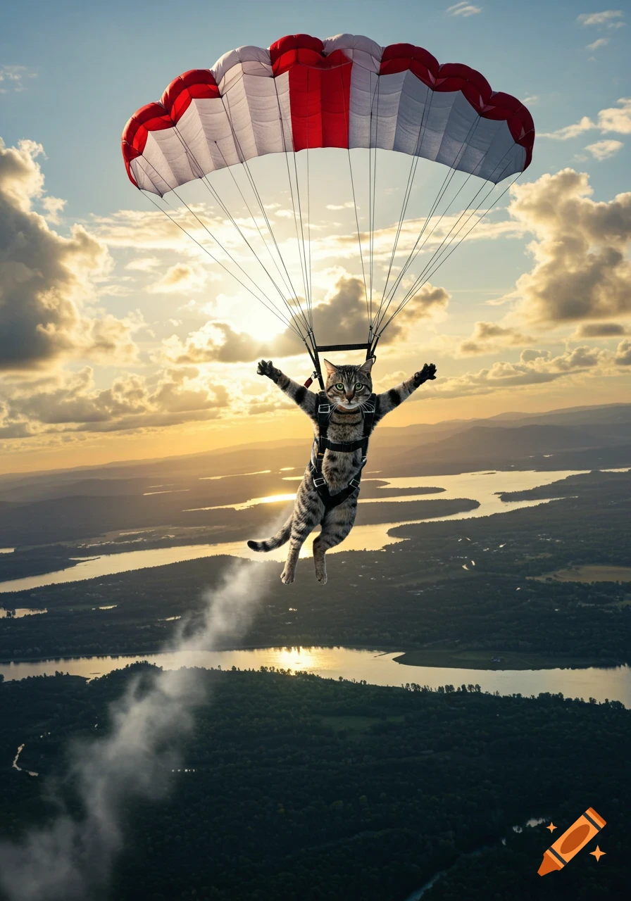 A photorealistic tabby cat wearing a harness and holding onto a red and white parachute, skydiving over a landscape of forests and rivers at sunset.