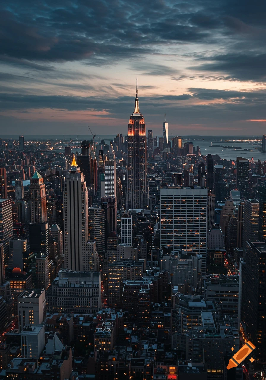 The Empire State Building illuminated against a dramatic, cloudy dusk sky, towering over a dense New York City cityscape with lighted windows.