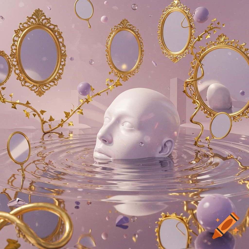 A white, featureless head emerges from rippling lavender water, surrounded by ornate gold mirrors, floating spheres, and vines in a dreamlike, surreal digital artwork.