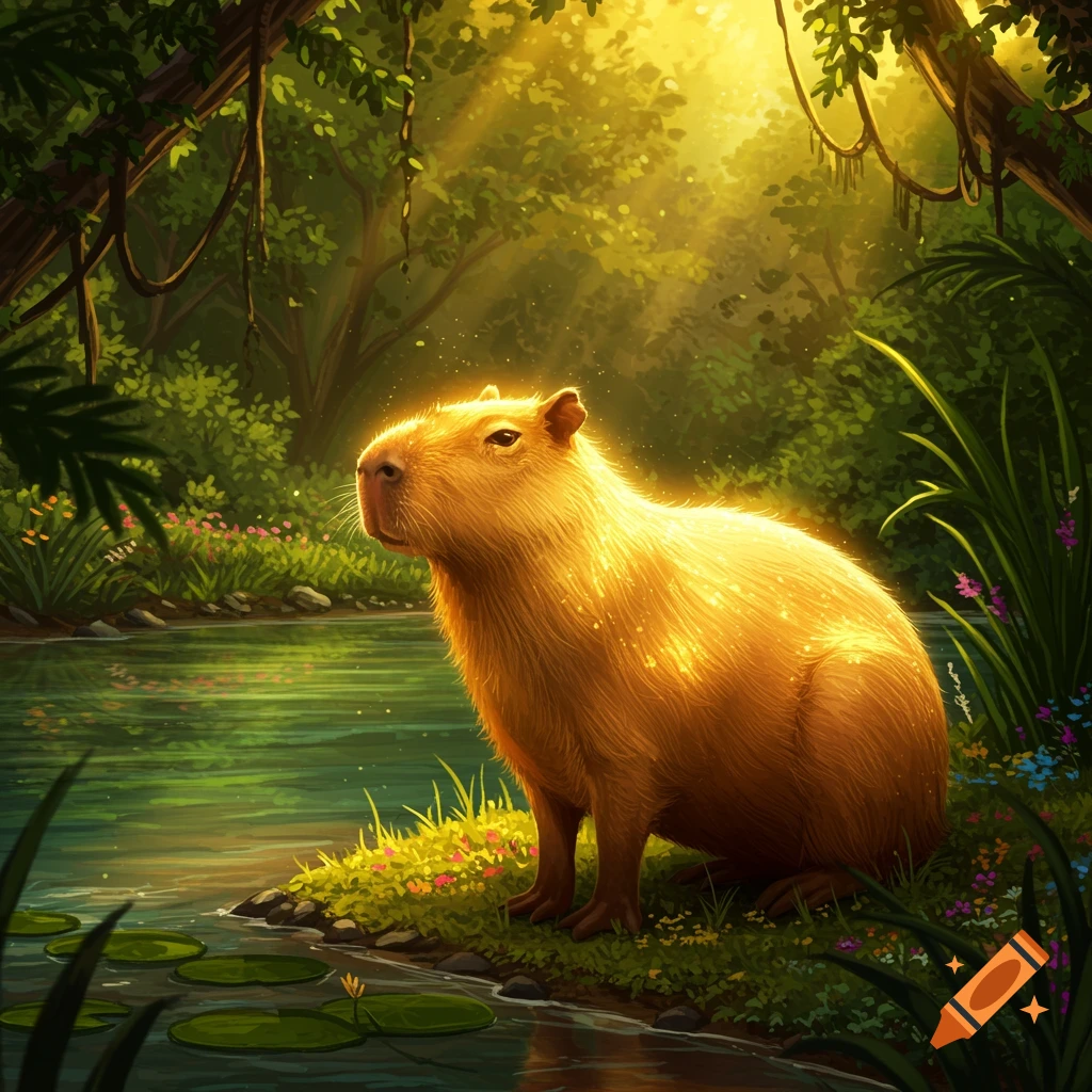 A golden capybara glows in a sunlit forest by a river.