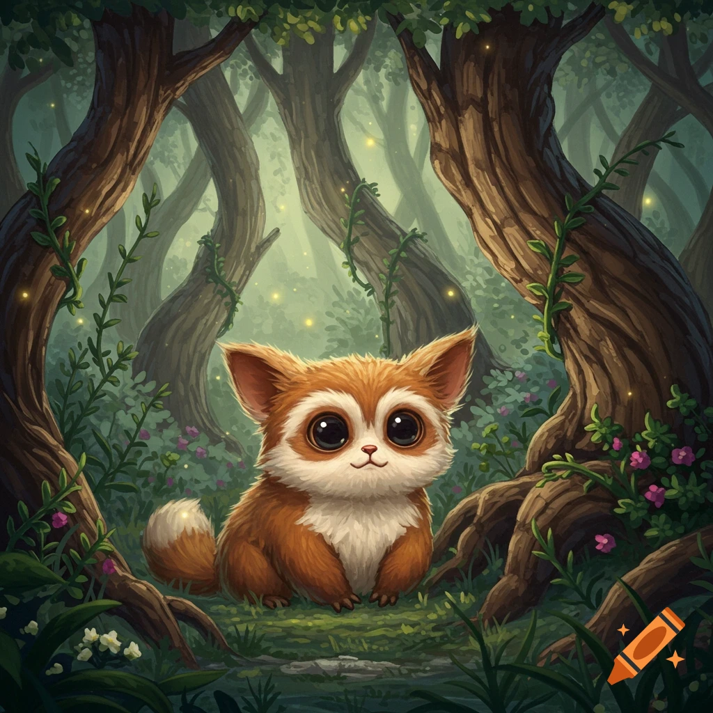 A small, adorable, brown and white furry creature with large black eyes sits in an enchanted forest with glowing fireflies.