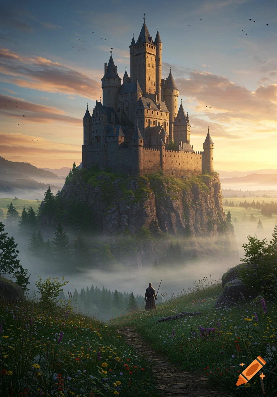 A grand medieval castle on a misty hill at sunrise, with a lone figure on a path through a field of wildflowers.