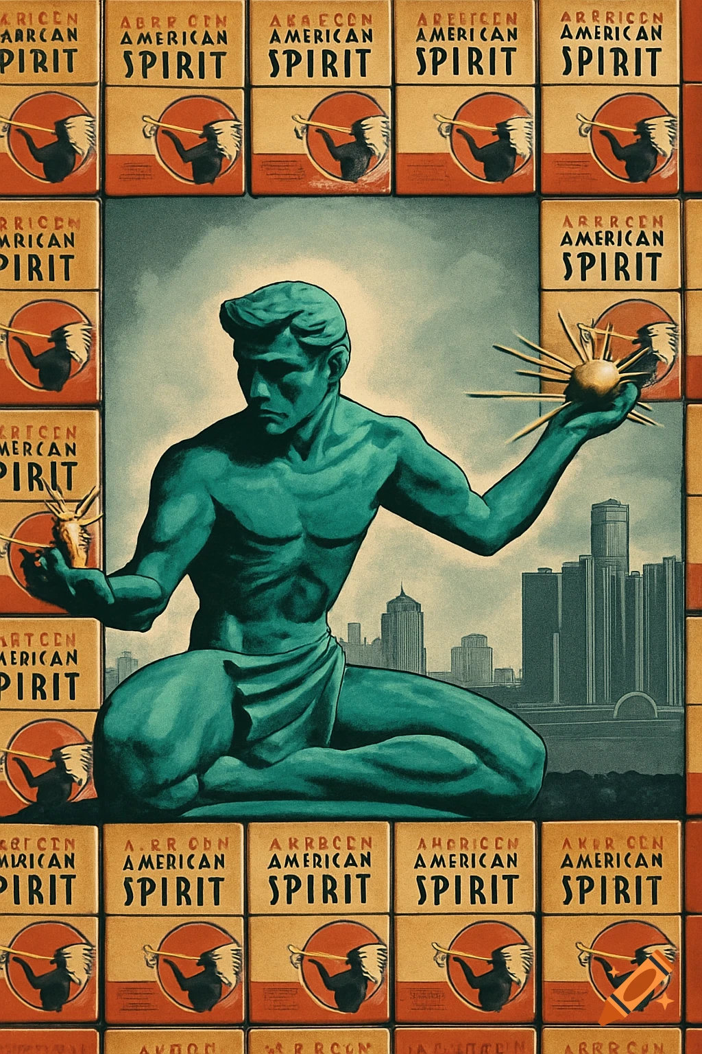 A teal-colored statue of a muscular man holding a spiky sun, framed by a border of yellow and orange boxes with the words 'AMERICAN SPIRIT' and a Native American chief logo. In the background are teal skyscrapers.
