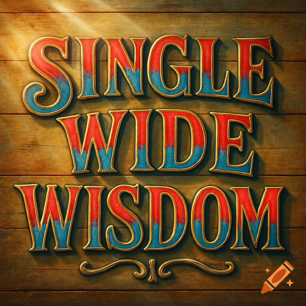 3D text 'SINGLE WIDE WISDOM' in red and blue with gold borders on a wooden background.