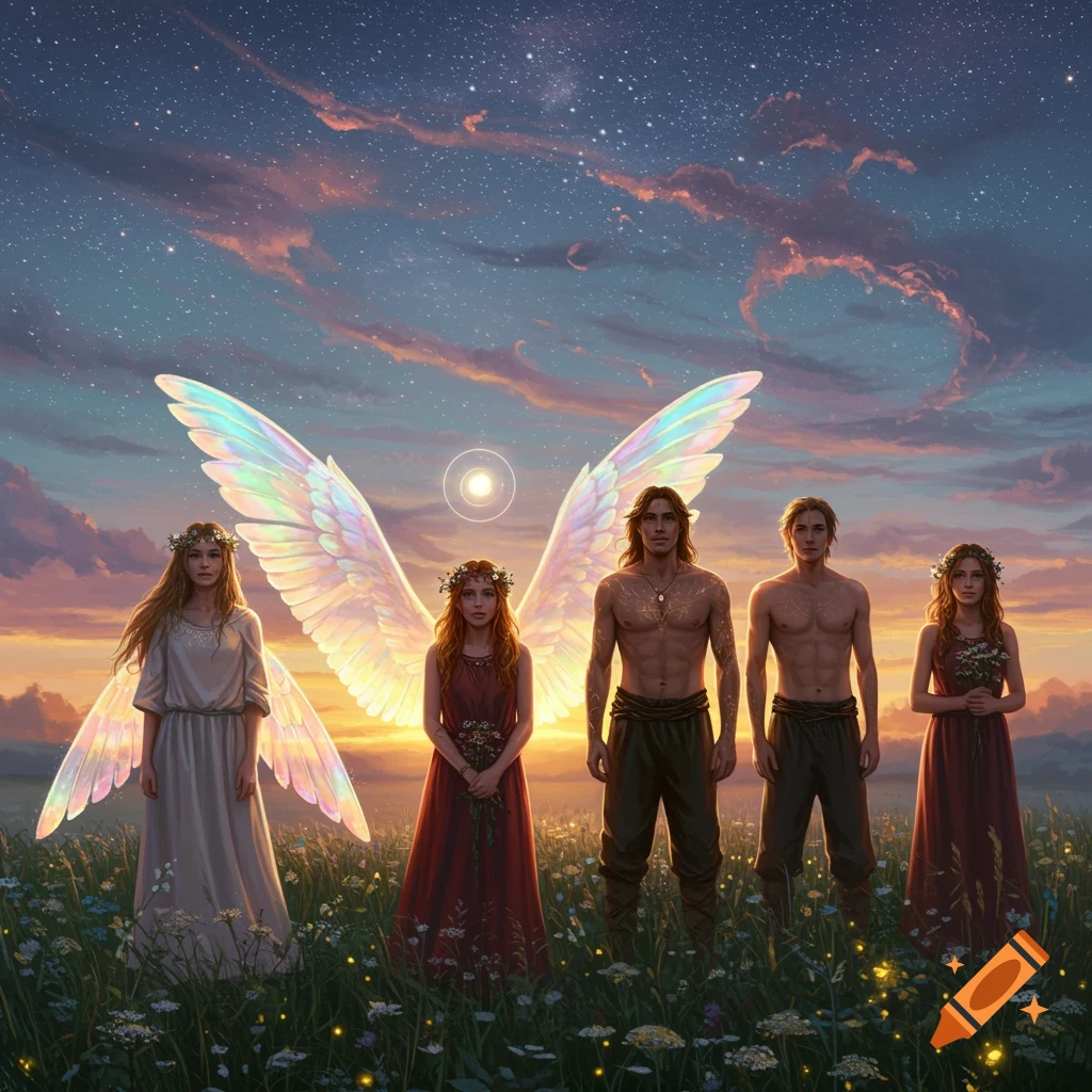 Five mythical figures stand in a field at sunset. Two women have large, iridescent wings, while two shirtless men and another woman stand beside them under a starry sky.
