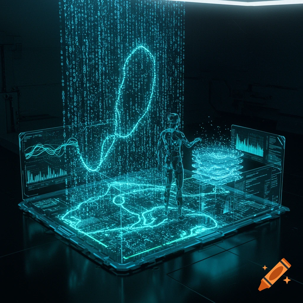 A metallic robot stands in a dark futuristic room, interacting with a glowing digital interface displaying data, binary code, and charts.