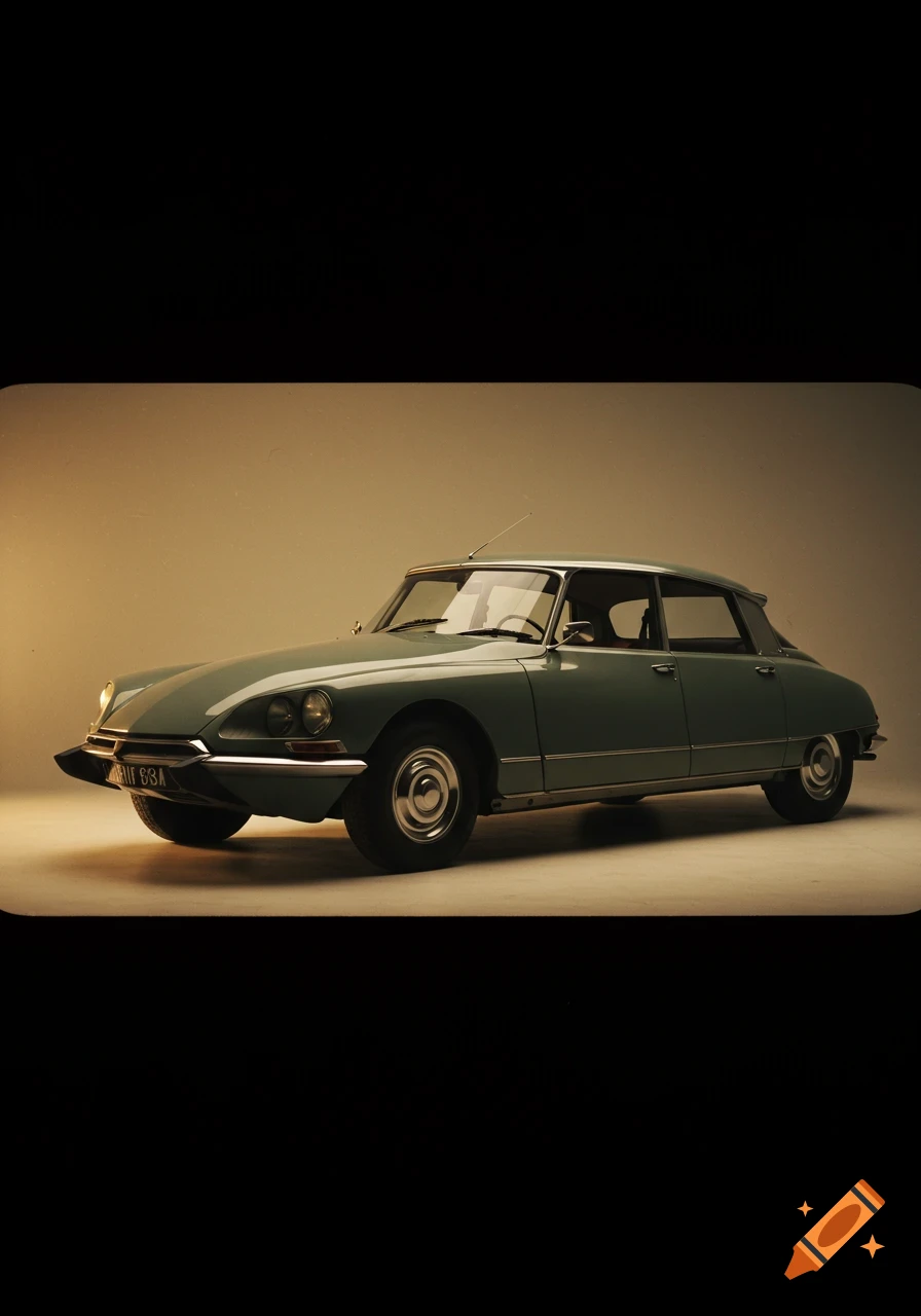 A 1968 Citroën DS car, viewed from the front-left, in a studio with vintage photographic lighting.