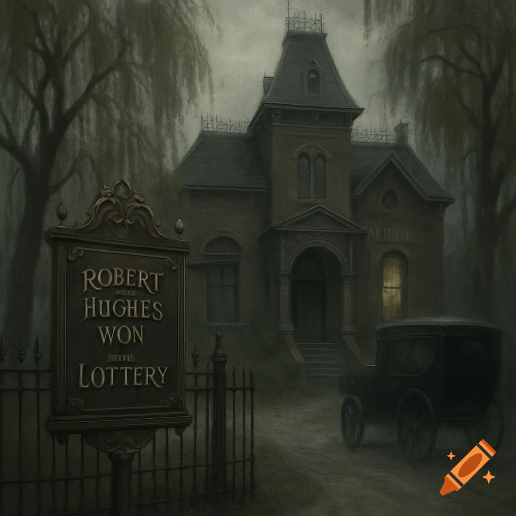 A dark, misty painting of a Victorian house with a sign in front saying 'ROBERT HUGHES WON LOTTERY' and a vintage car.