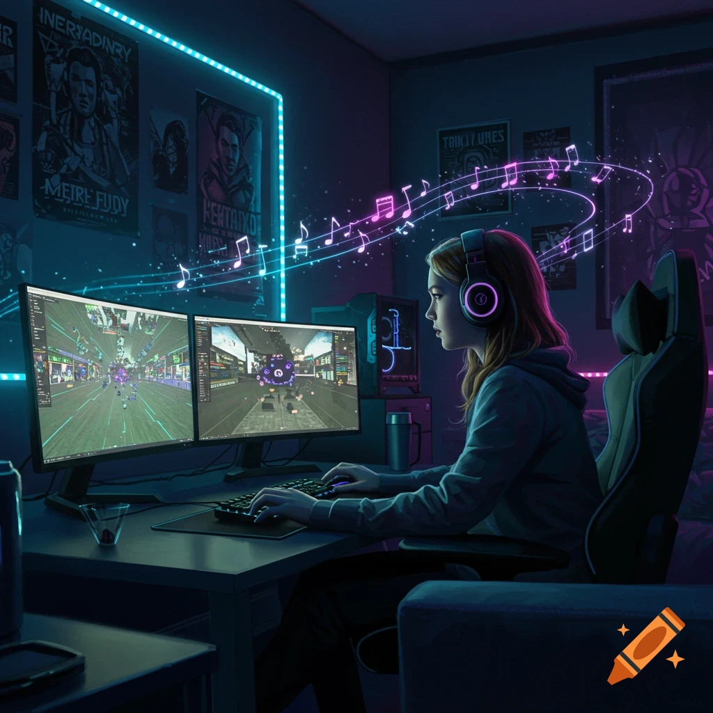A girl wearing headphones plays video games on two monitors in a neon-lit room, with music notes floating around her head.