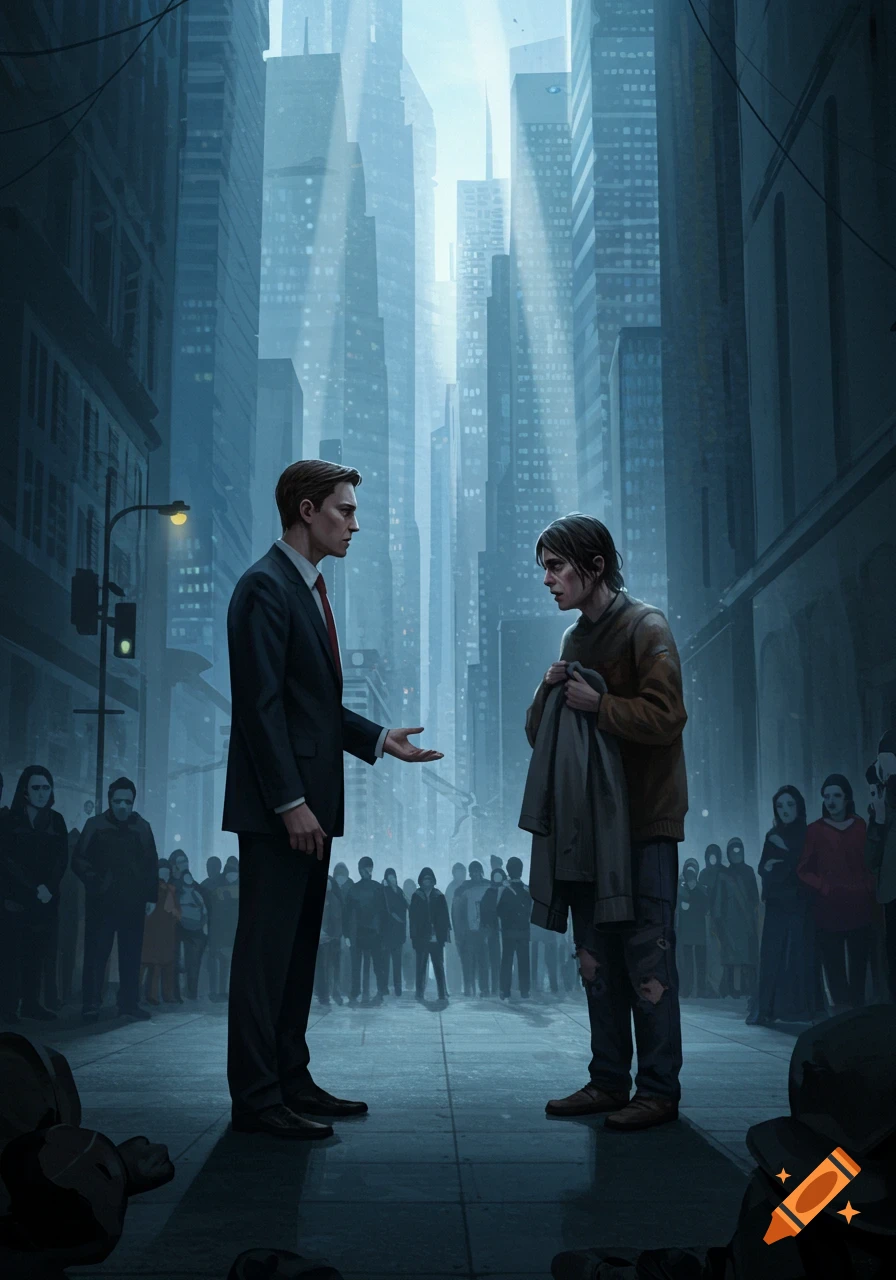 A well-dressed man debates a distressed man in ragged clothes on a shadowy city street, surrounded by onlookers.