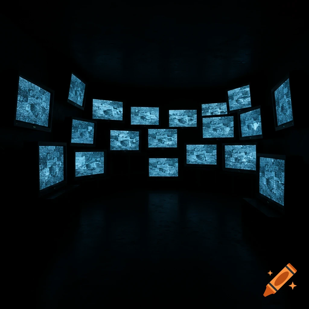 Multiple TV screens displaying static in a dark, otherwise pitch black room.