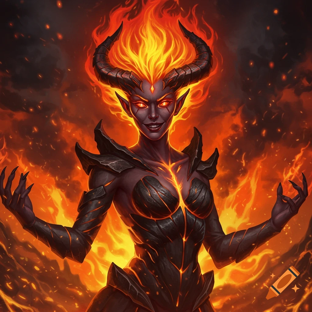 A powerful, fiery demon princess with glowing red eyes, large horns, and dark armor stands against a backdrop of intense flames and embers.