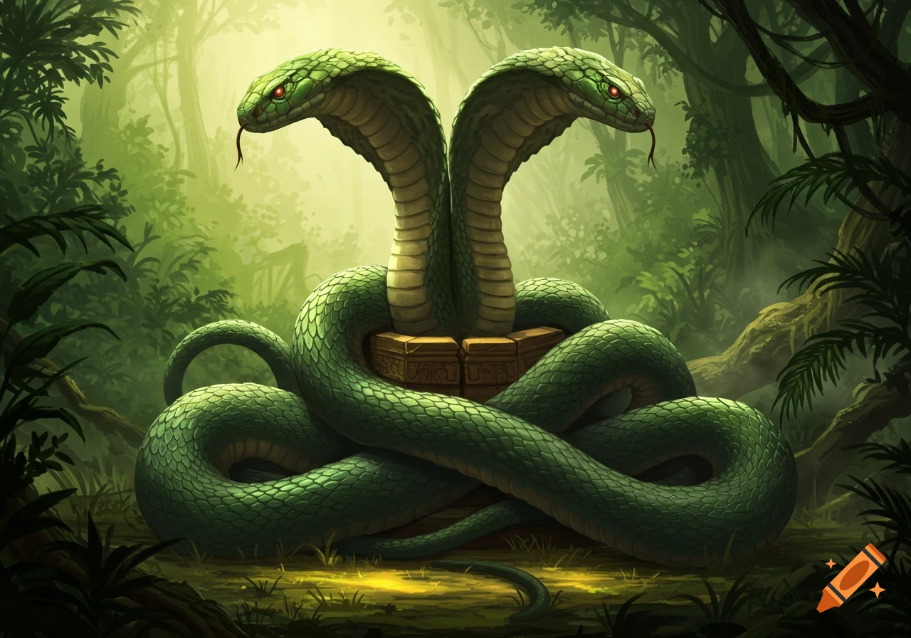 A two-headed green cobra with red eyes coiled around a stone structure in a misty jungle.