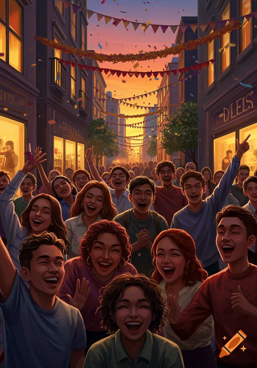A large crowd of happy people celebrate in a city street decorated with banners and confetti at sunset.