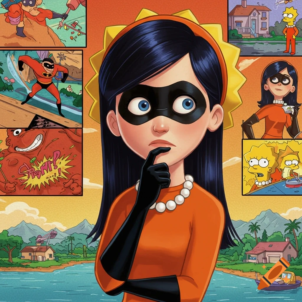 Violet from The Incredibles, dressed in a black mask and an orange suit with black gloves and a pearl necklace, stands thoughtfully. She is surrounded by comic-style panels featuring other characters from The Incredibles and The Simpsons.