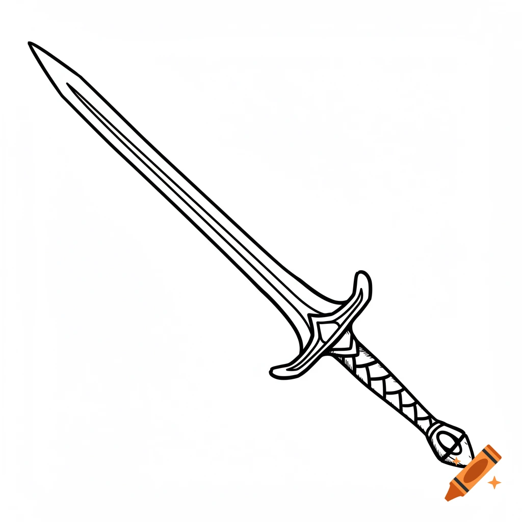 A black outline drawing of a sword with a decorative hilt.