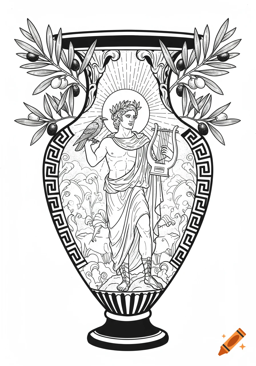 A black and white tattoo design of the Greek God Apollo holding a lyre inside a classical Greek vase, with a raven on his shoulder and olive branches at the top.