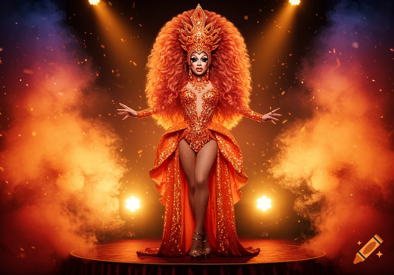 A flamboyant drag queen in a sparkling orange costume and large curly red hair stands on a stage amidst smoke and confetti under spotlights.