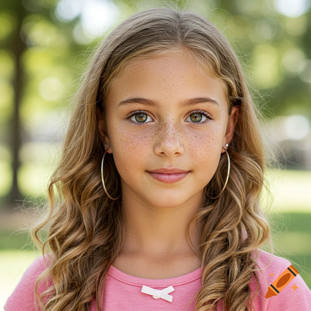 A close-up portrait of a young girl with blond hair, hazel eyes, freckles, and silver hoop earrings, wearing a pink shirt outdoors.