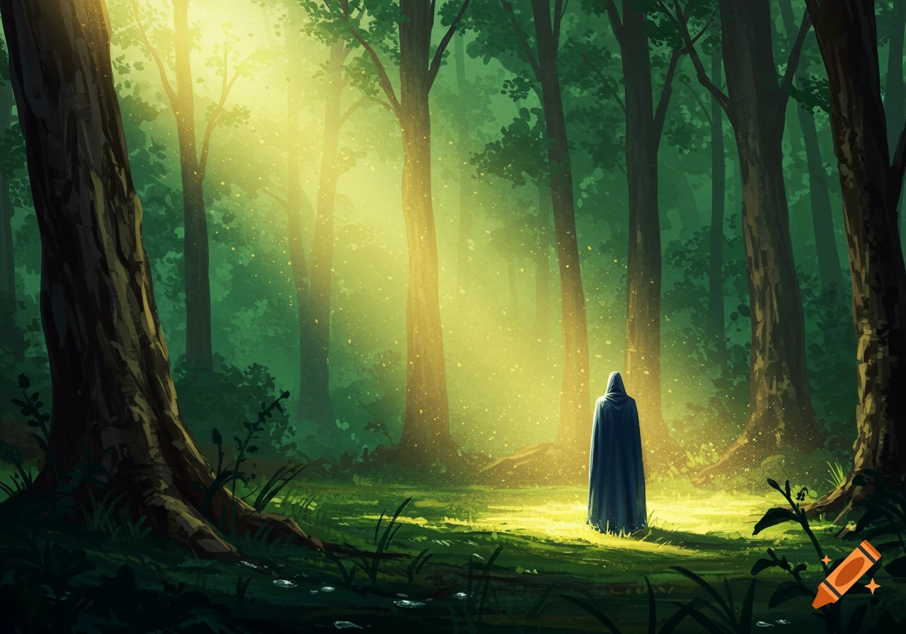 A cloaked figure stands in a vibrant, sun-dappled forest clearing with golden light rays filtering through the trees, digital painting.
