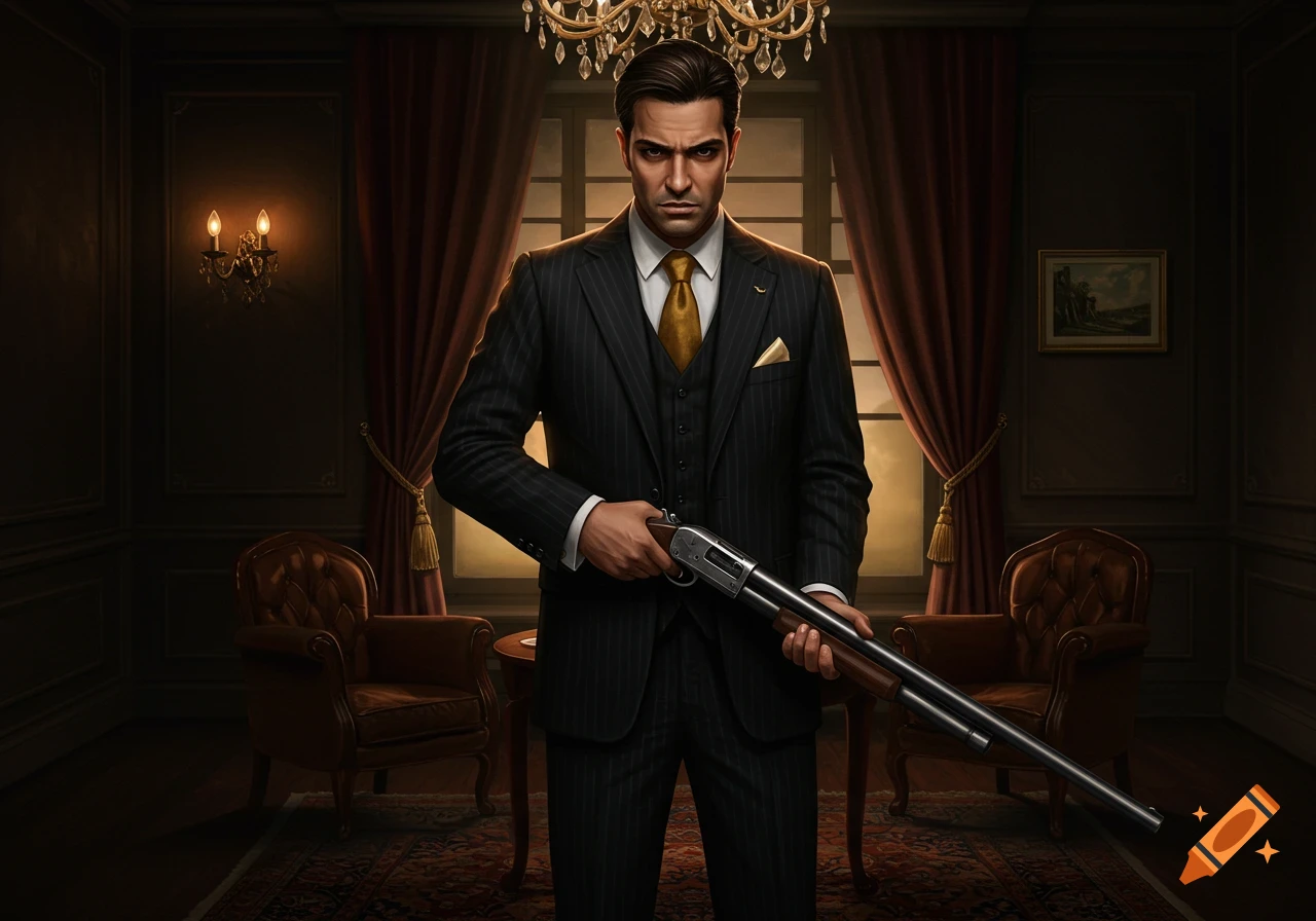 A handsome man in a pinstripe suit and gold tie stands in a dark, opulent room, holding a shotgun.