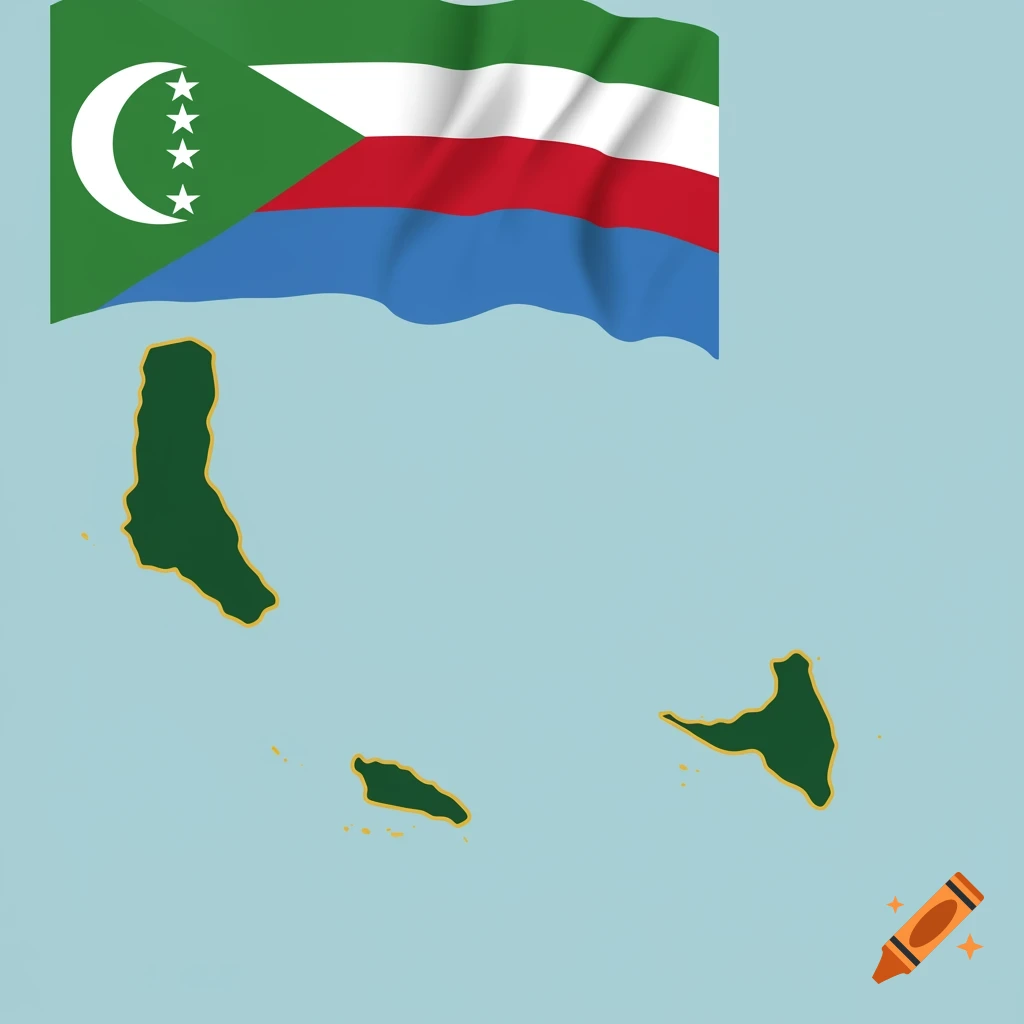 The flag of Comoros with a crescent and stars, floating above the green outlines of the Comoros islands on a light blue background.