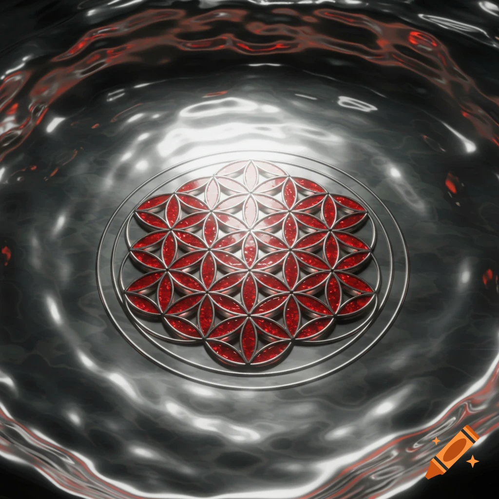 A metallic silver and reflective 'Seed of Life' geometric pattern with ruby red inlays, centered on a rippling, liquid-like chrome surface.