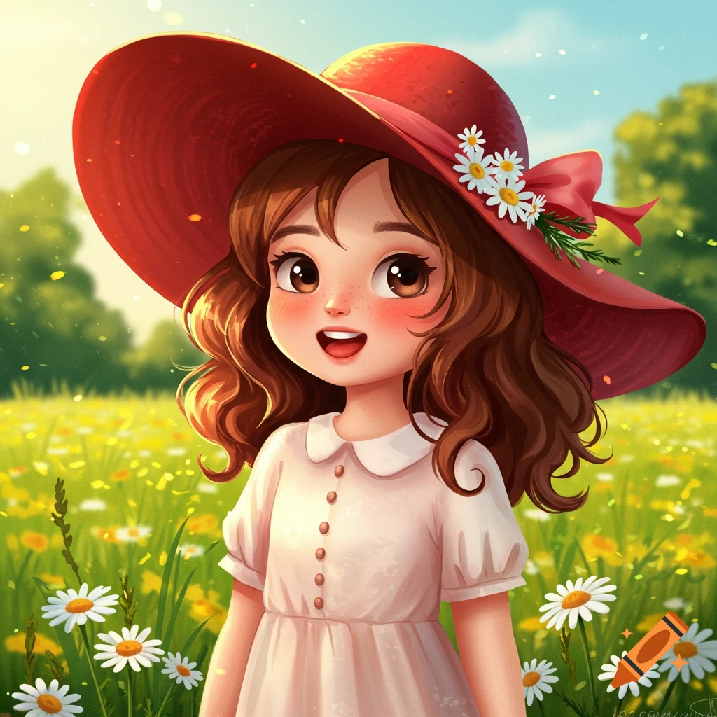 A cute cartoon girl with brown hair and a red hat, smiling in a sunny field of yellow and white flowers.