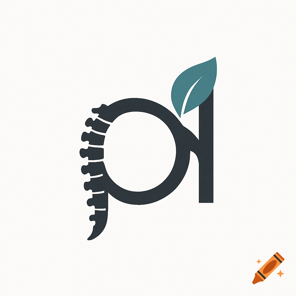 Monogram logo for physiotherapy combining stylized charcoal gray letters 'p' and 'd', with the 'p' forming a spine and a teal leaf on the 'd', on a white background.