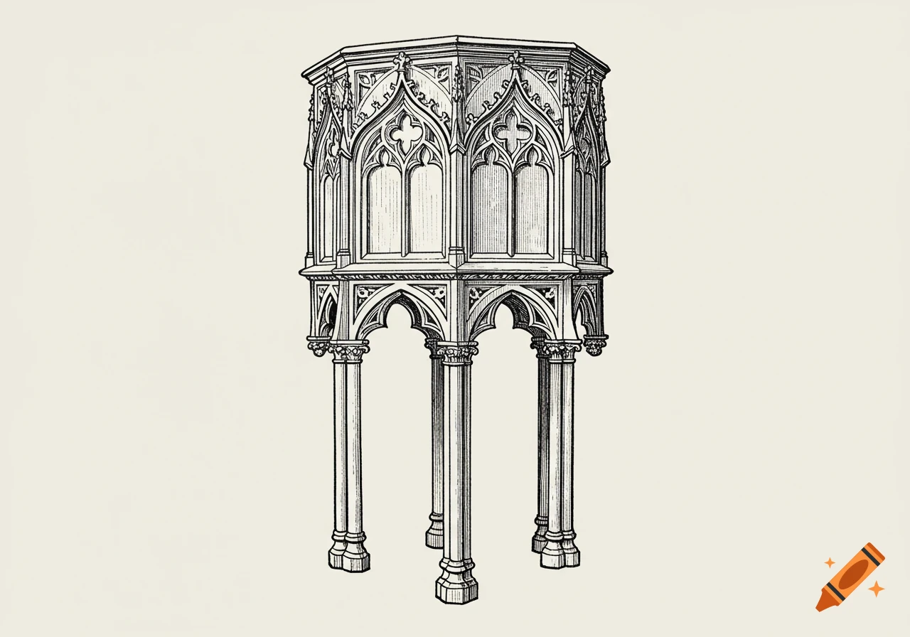 A detailed blackline drawing of a gothic octagonal pulpit with an elaborate stand.