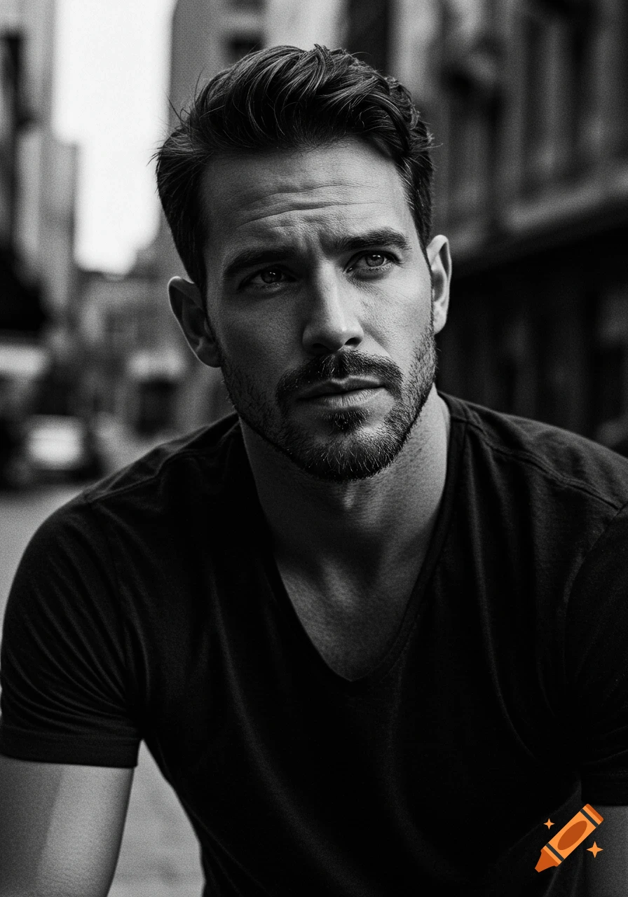 Black and white photorealistic portrait of a man with a beard looking upwards.