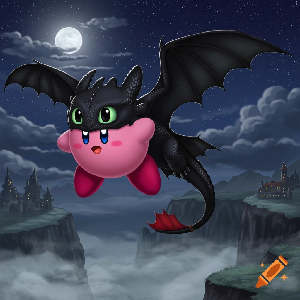 Pink Kirby character wearing a black Toothless costume flies at night over misty mountains with castles under a full moon.