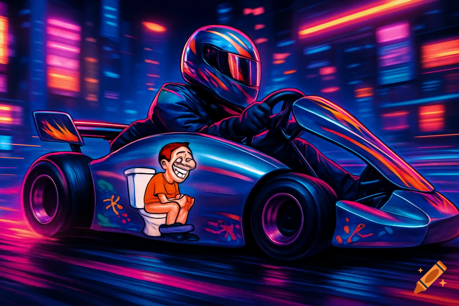A go-kart races through a neon-lit city, featuring a cartoon drawing of a man on a toilet on its side in a cyberpunk style.