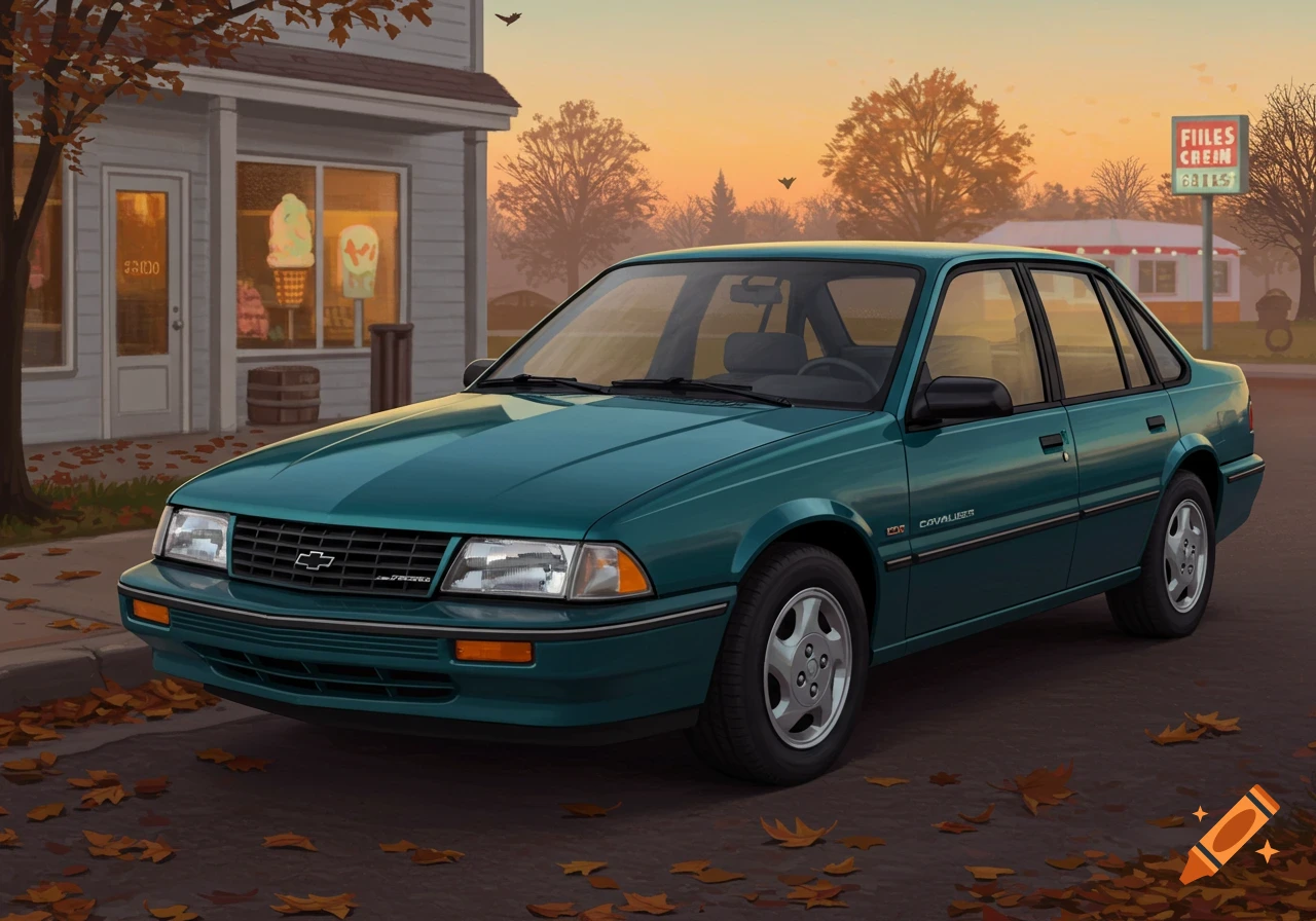 A teal 1995 Chevrolet Cavalier sedan is parked on a street with scattered autumn leaves in front of a small-town store at sunset.