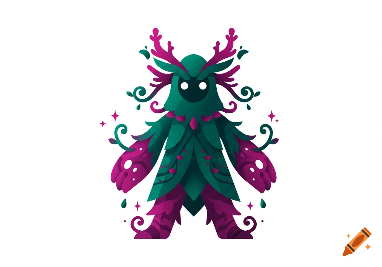 A stylized teal and magenta plant-like creature with antlers and leaf elements on a white background.
