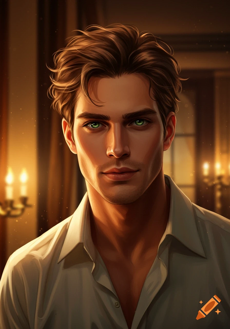 Digital art portrait of a handsome man with brown wavy hair and striking green eyes, wearing a light-colored shirt, against a warm, golden-lit background.