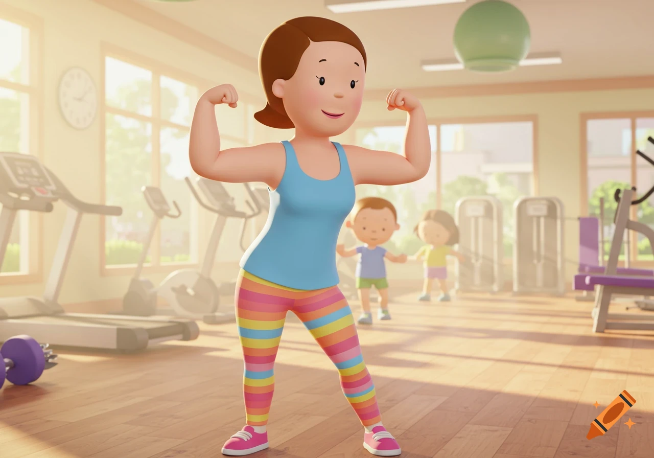 A cartoon woman with brown hair in a blue top and rainbow leggings flexes her biceps at a gym, with two children in the blurred background.