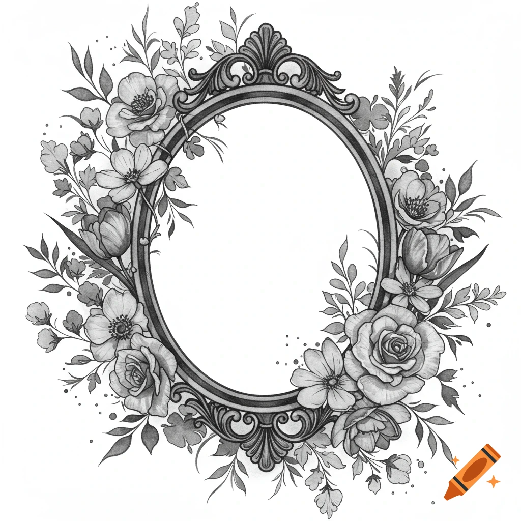 A black and white illustration of a vintage gothic oval frame with a detailed floral border of roses and wildflowers.
