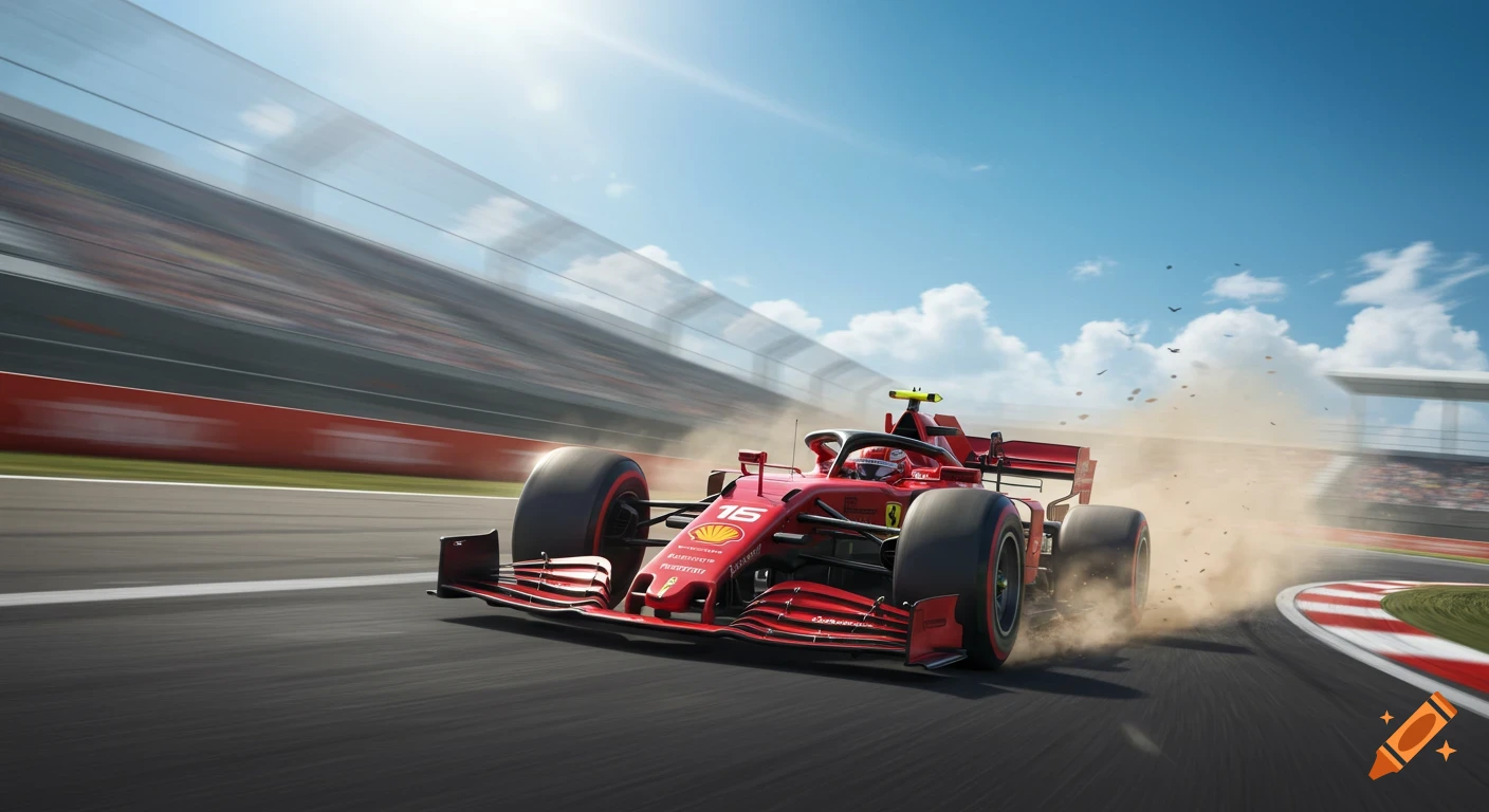 A red Formula 1 race car speeds around a track, kicking up dust with motion blur, under a bright, sunny sky.