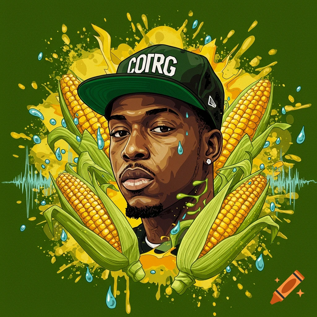 Colorful cartoon illustration of a dark-skinned man wearing a cap with "COTRG" written on it, surrounded by ears of corn and yellow/green splatters, with blue water droplets.
