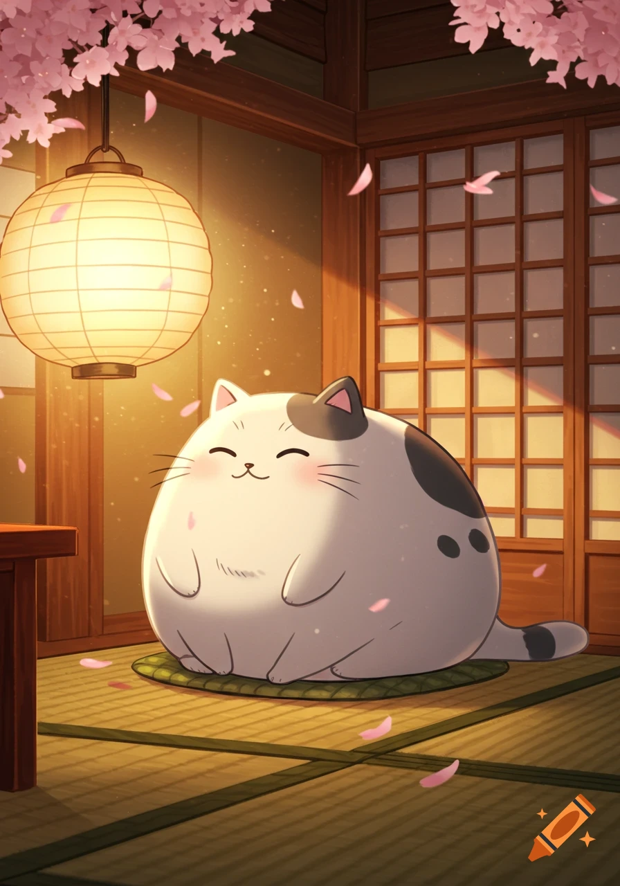 A cute, plump, white cartoon cat with black spots sits on a mat in a traditional Japanese room with a lantern and falling cherry blossoms.