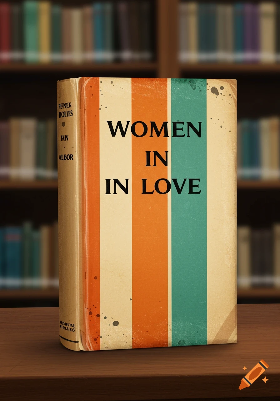 A vintage-style book titled 'WOMEN IN LOVE' with orange and teal stripes, sitting on a wooden table in front of a blurred bookshelf.