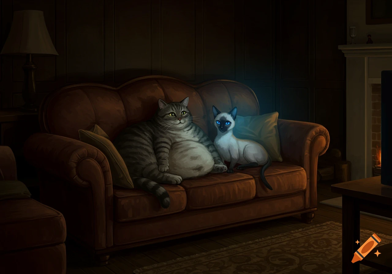 A fat tabby cat and a slender Siamese cat with blue eyes sit on a brown sofa, dimly lit by a glowing television screen in a cozy room.