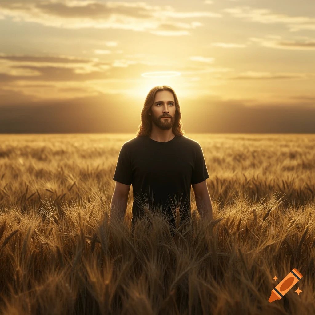 A man resembling Jesus with a halo stands in a golden wheat field, illuminated by a sunset sky.
