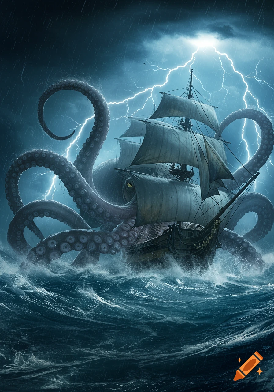 A massive kraken with many tentacles attacks a tall sailing ship during a stormy night with heavy rain and lightning.