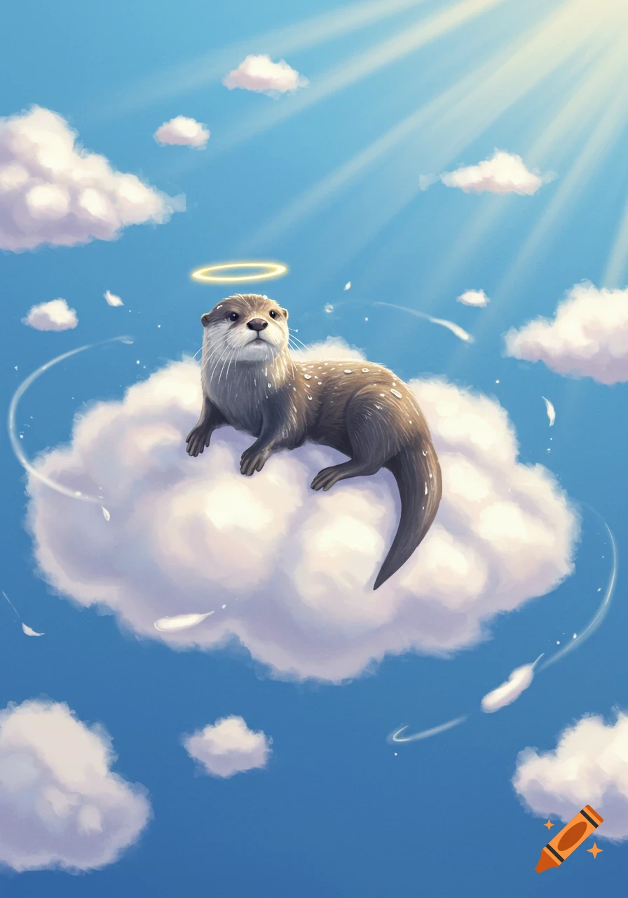 A cute otter with a halo lies on a fluffy white cloud in a bright blue sky with sun rays and small floating feathers, in an illustrated style.