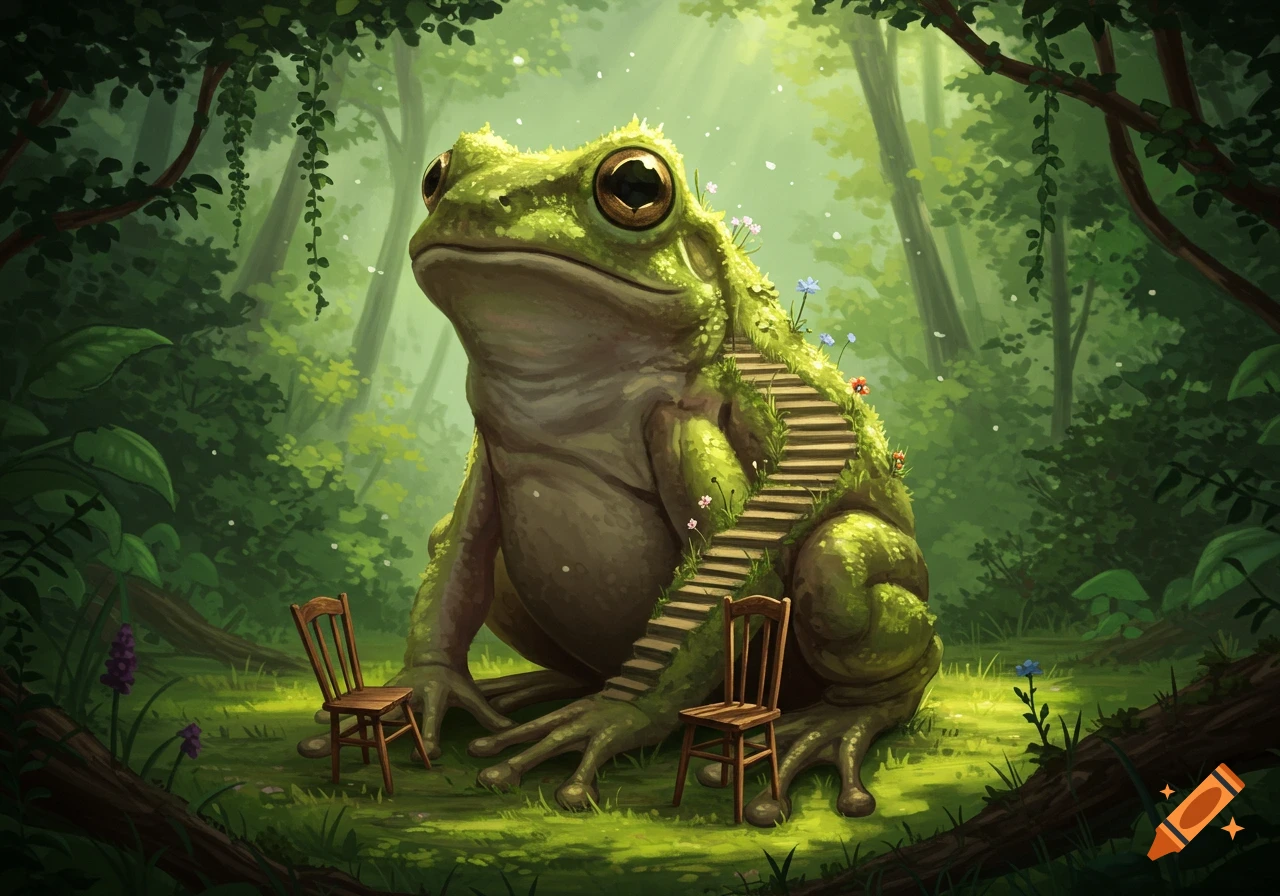 A giant moss-covered frog with a winding staircase on its back sits in a forest clearing, two chairs placed in front of it.