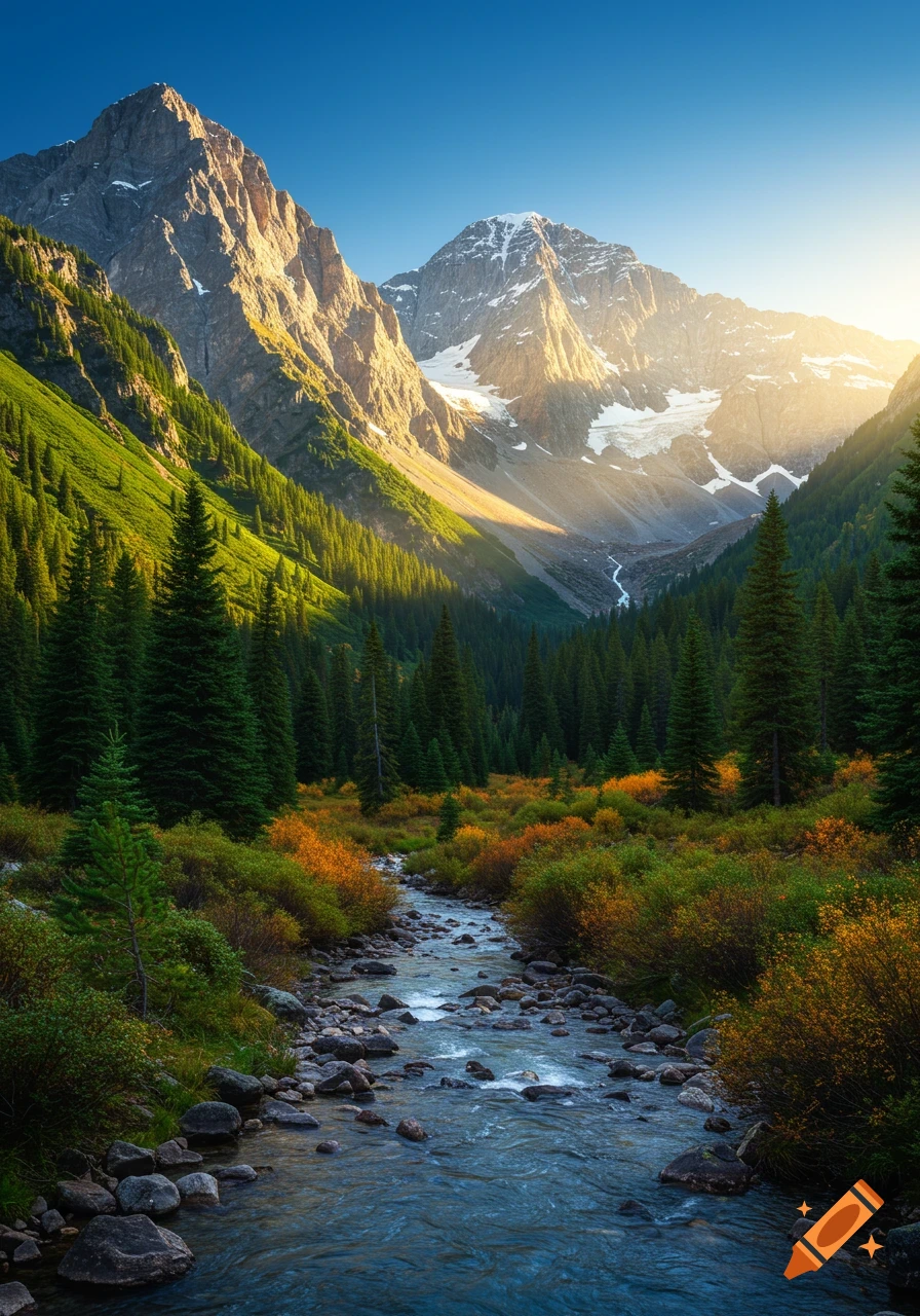 Photorealistic mountain valley with a winding river, evergreen trees, and sunlit peaks, vibrant green and orange foliage.